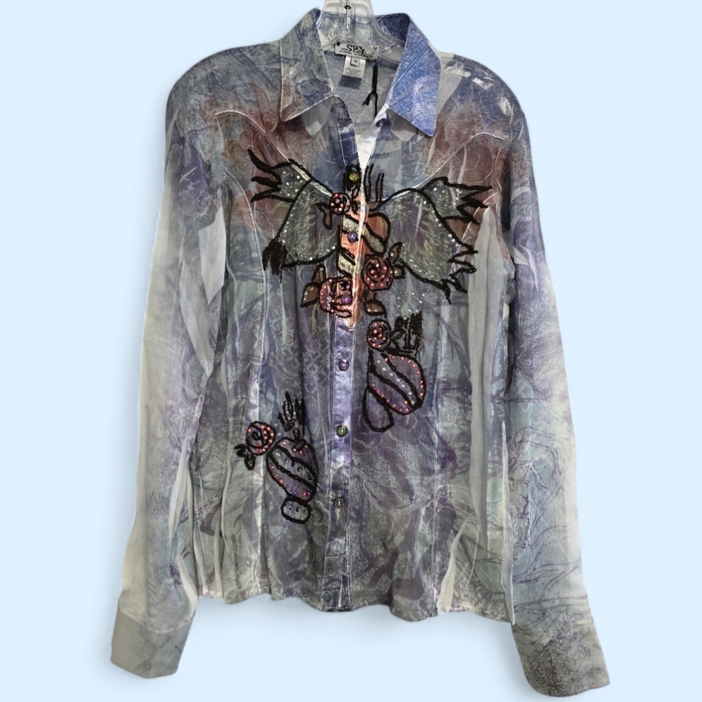 SPY Womens Y2K Sheer Long Sleeve Button Down Top Size Medium NWT